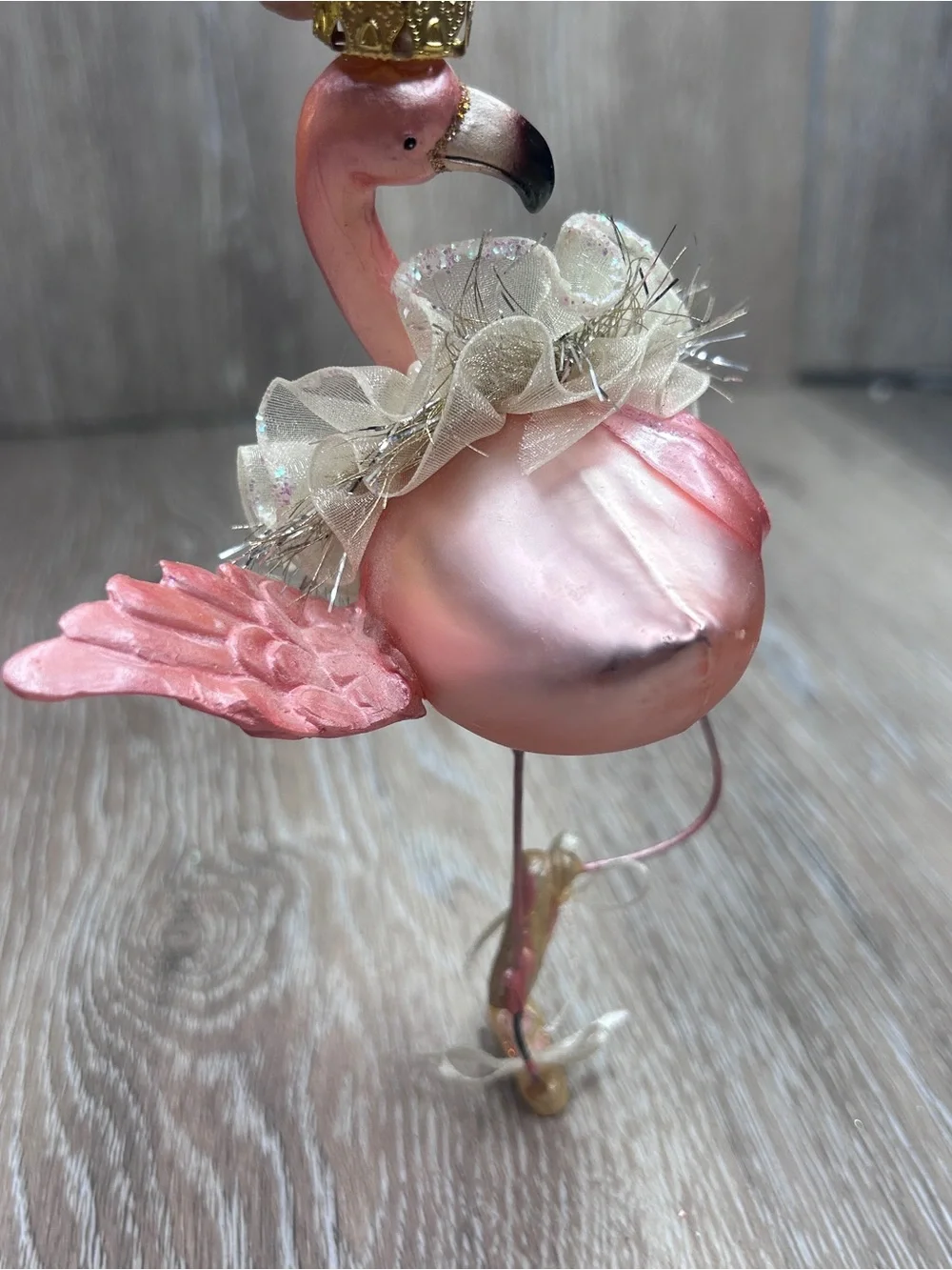 Vintage Pink Flamingo Ballerina Ornament with Cream Tulle Collar and Gold Crown